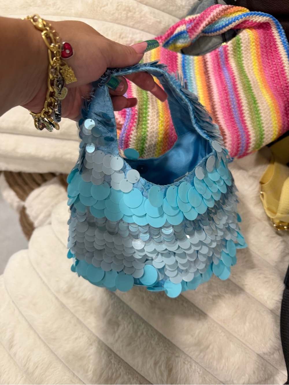 Sequined Aqua Mini Hobo Bag